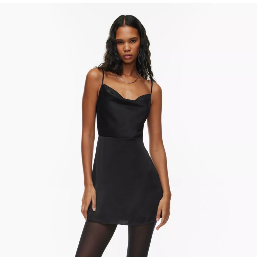 Aritzia Spencer Black  Satin Dress Mini Sz sm EUC